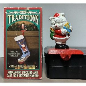 Vintage Holiday Traditions Hand Painted Cast Iron Stocking Holder Santa Bear 5"